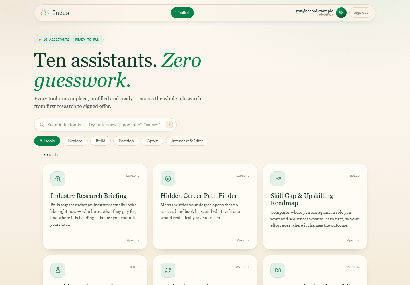 The Incus Student AI Toolkit dashboard: a searchable grid of 10 assistant cards organised by journey stage.